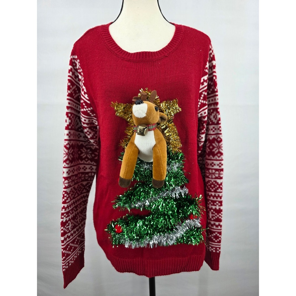 No Boundaries Red 3D Plush Reindeer Tinsel Christmas Tree Sweater XL 15-17